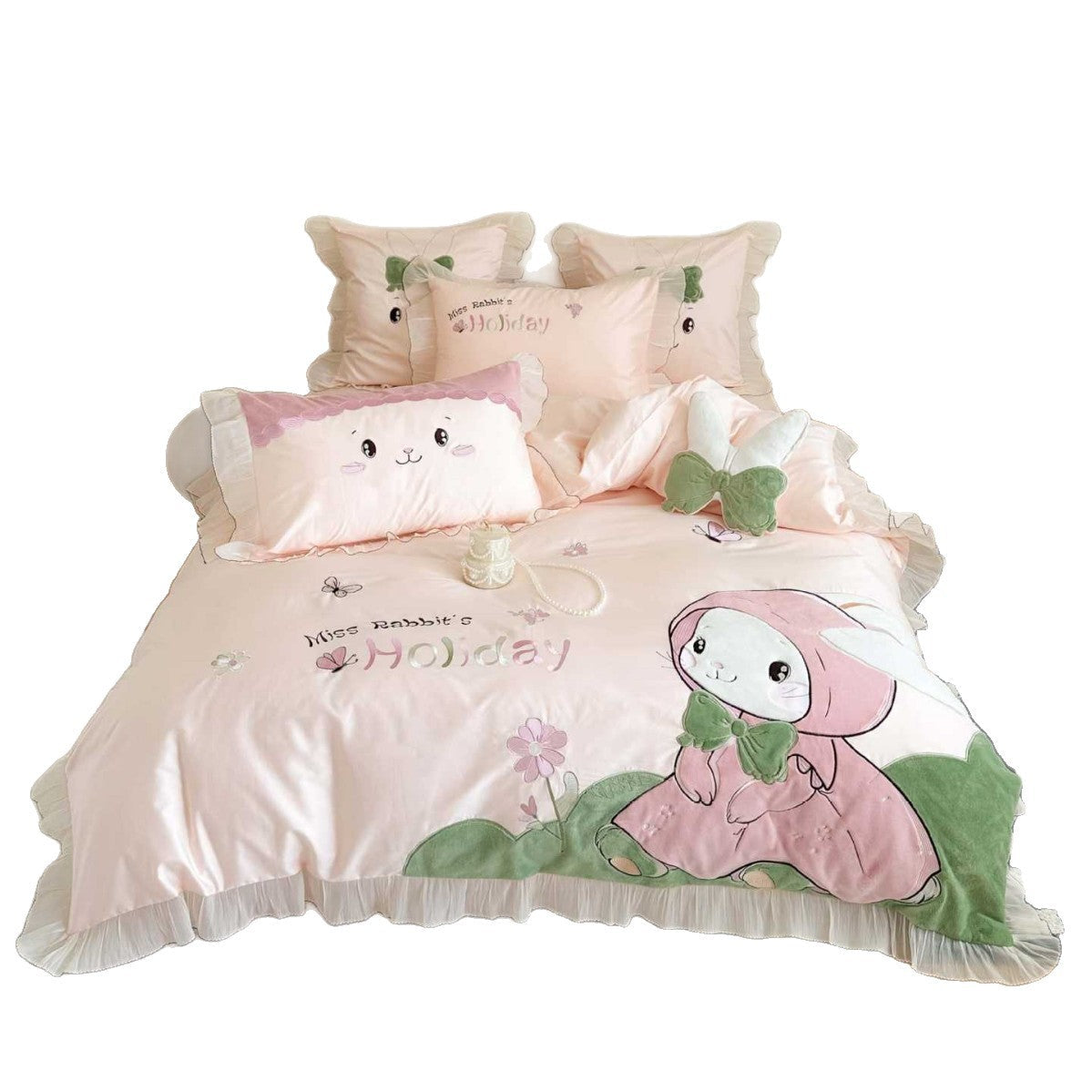 Children's Bedding Set with Embroidered Bunny Motif, Ruffles and Decorative Pillow