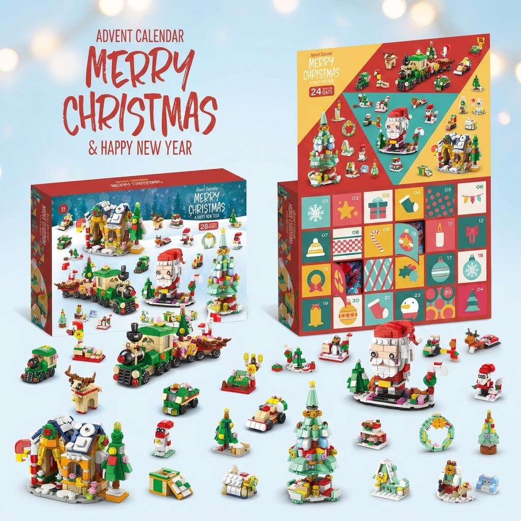 Christmas Village Advent Calendar, 28 Brick Builds, 6 in 1, Three Designs