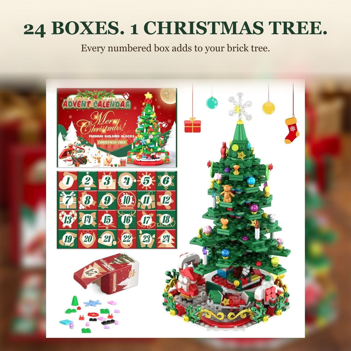 Christmas Tree Brick Advent Calendar, 24 Boxes, One Tree with String Lights