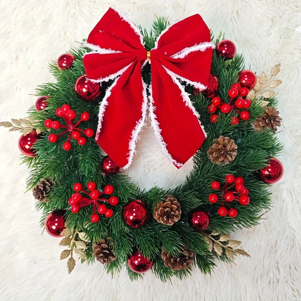 Christmas Wreath with Red Velvet Bow, Ornaments, and Fairy Lights - Holiday Door or Wall Hanging