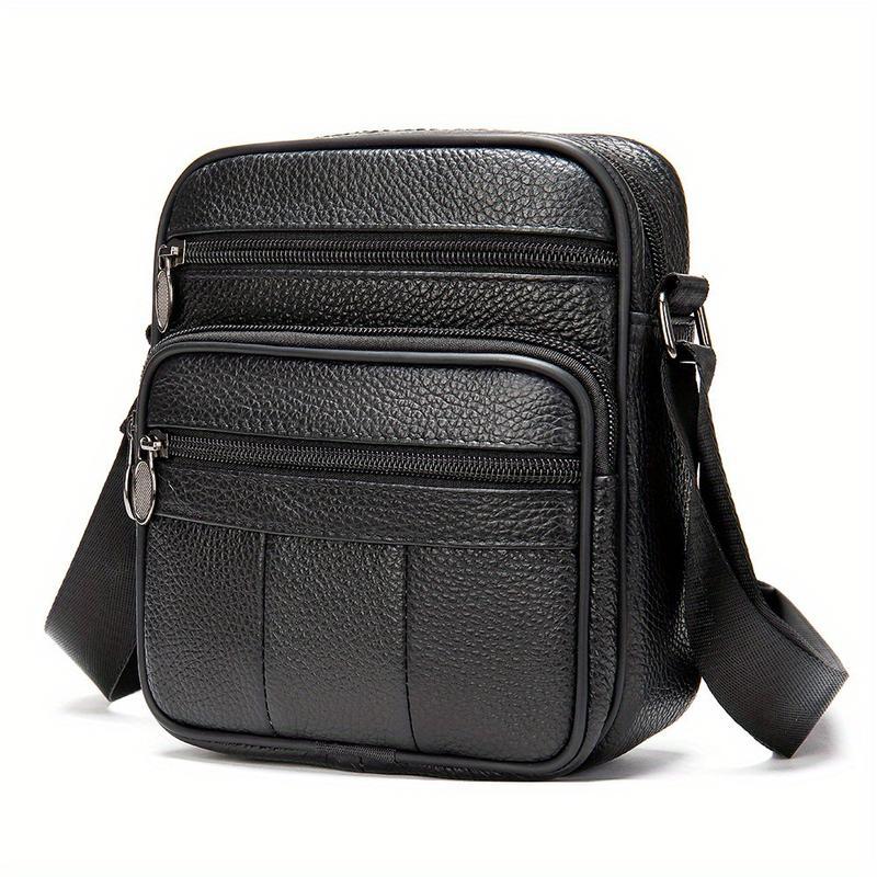 Compact Genuine Leather Crossbody Messenger Bag with Multiple Zip Compartments and Adjustable Strap