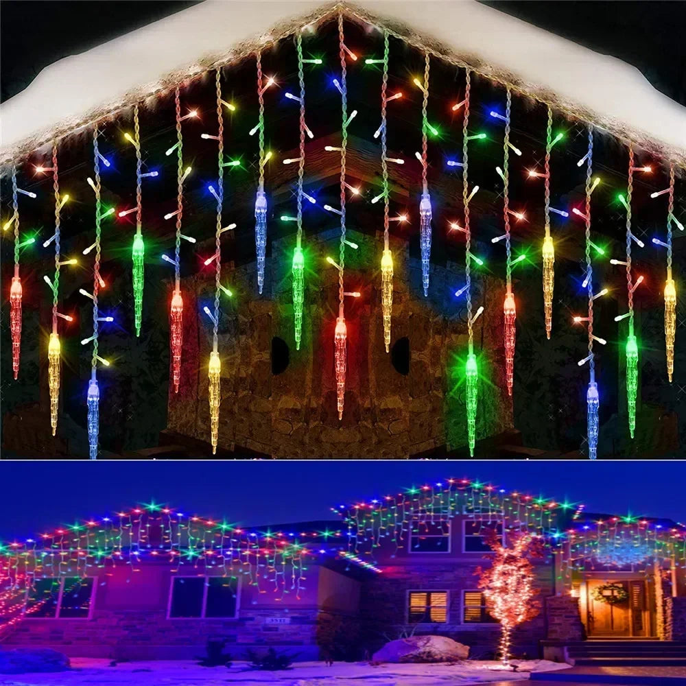 LED Icicle Curtain String Lights with 8 Modes - Festive Winter Christmas & New Year Decoration - EU Plug