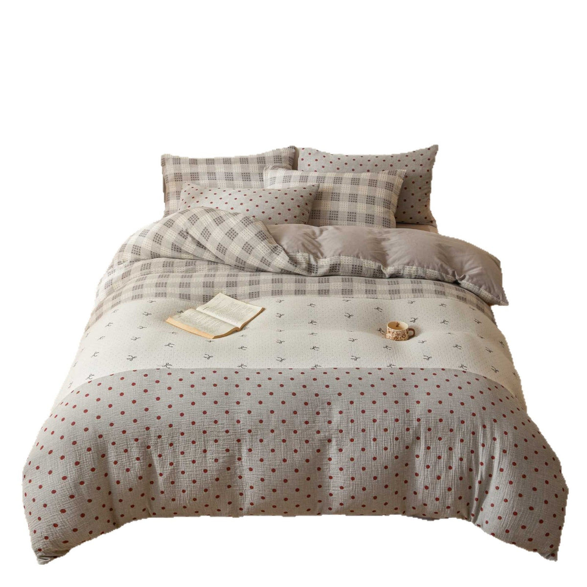 Lightly Quilted Cotton Muslin Polka Dot and Check Bedding Set