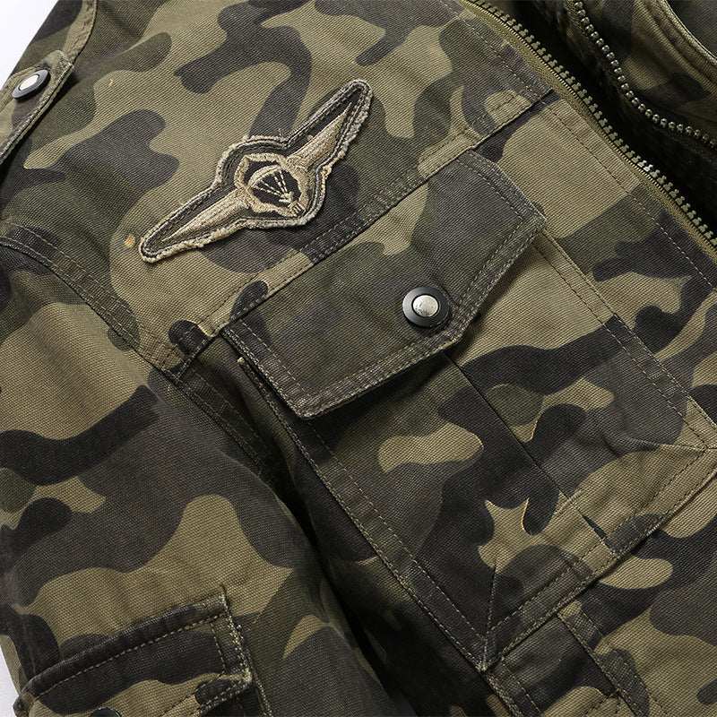 Men's Camouflage Field Jacket in Durable Canvas with Epaulettes, Multiple Pockets and Stand-Up Collar
