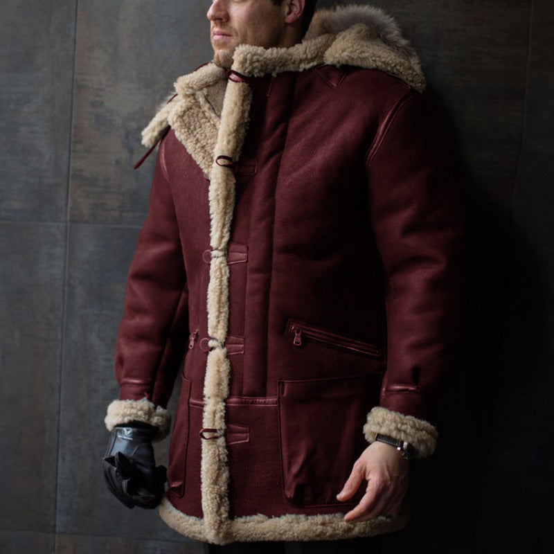 Men's Hooded Sheepskin Coat with Pockets