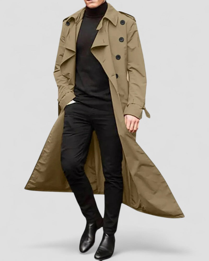 Men's Long Double-Breasted Trench Coat Modern Style