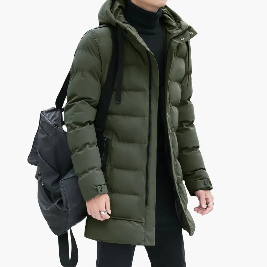 Men's Long Hooded Padded Jacket with Zip