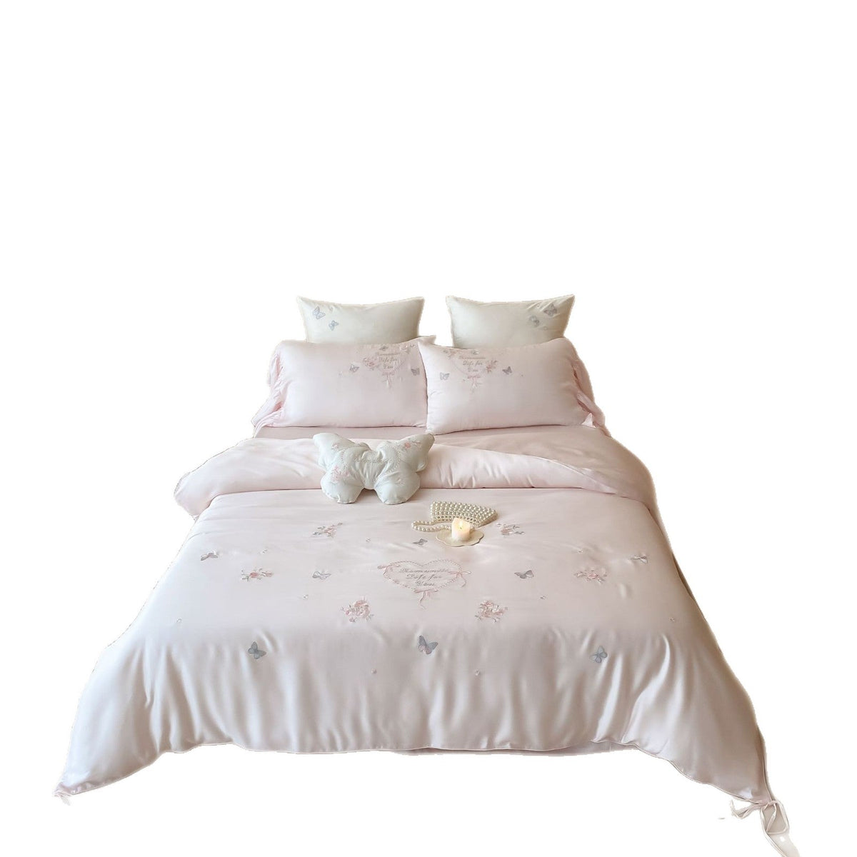 Romantic Satin Bedding Set with Embroidered Butterflies, Decorative Pillows, and Ruffles