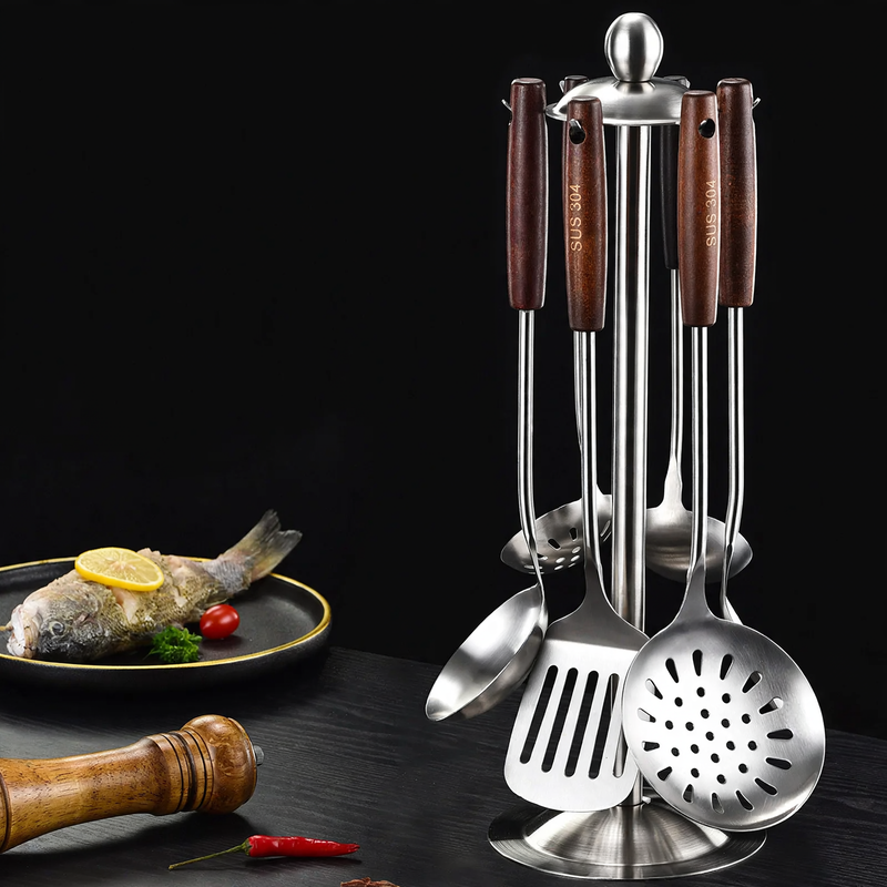 Stainless Steel Kitchen Utensil Set with Wooden Handles