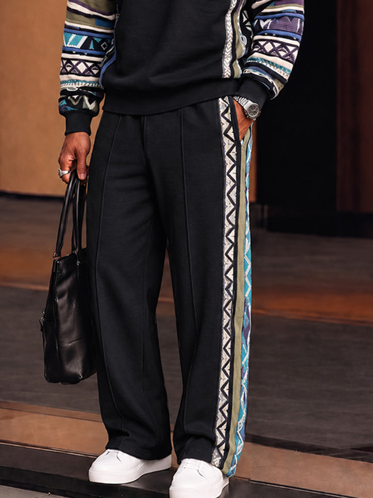 Stand Collar Matching Athleisure Set with Tribal Print Trim