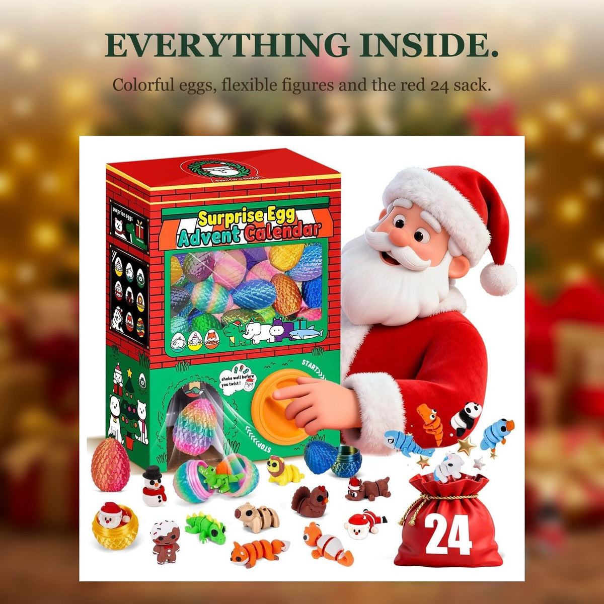 Surprise Egg Advent Calendar, 24 Eggs with Flexible 3D Printed Figures