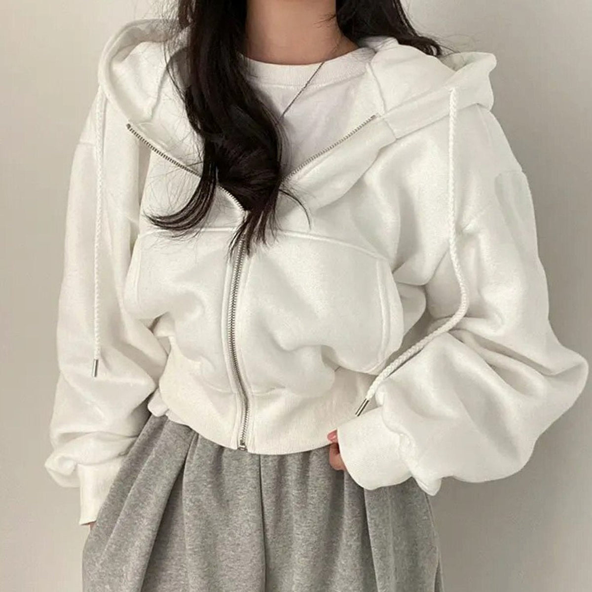 Women's Cropped Oversized Zip-Up Fleece Drawstring Hoodie