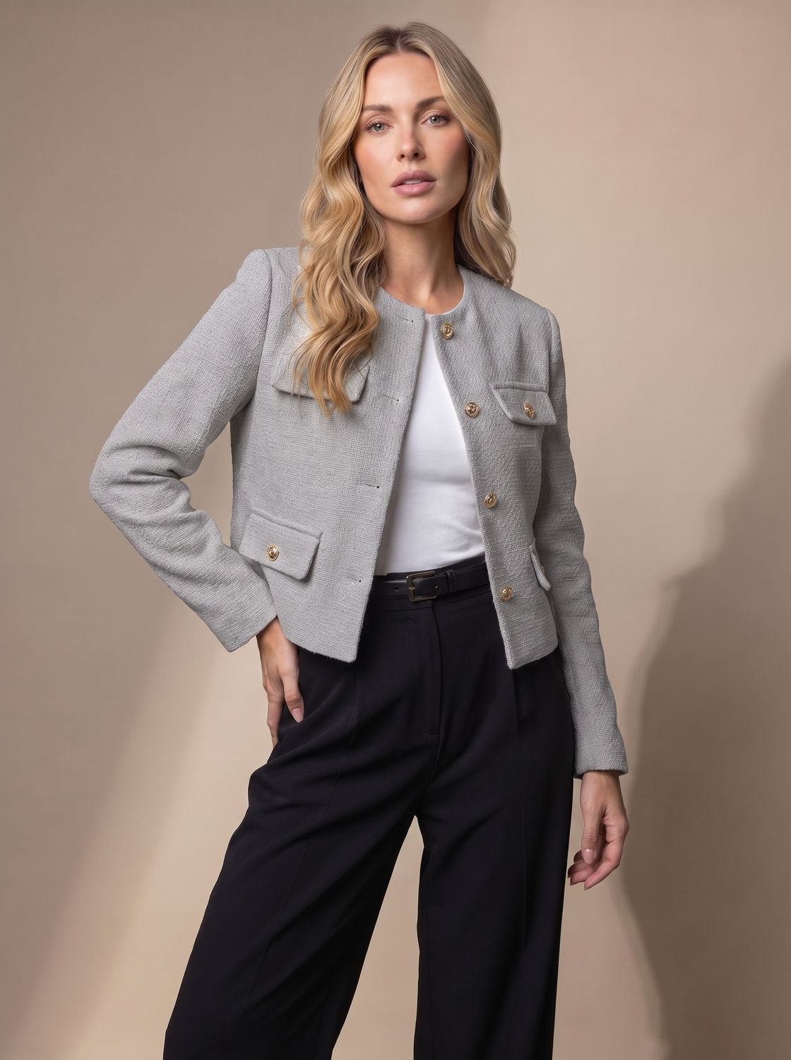 Women's Cropped Tweed Collarless Blazer with Gold Buttons and Flap Pockets