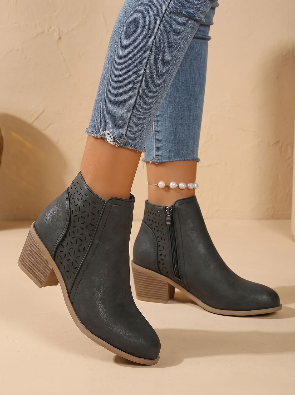 Women's Orthopedic Block Heel Ankle Boots with Laser-Cut Pattern