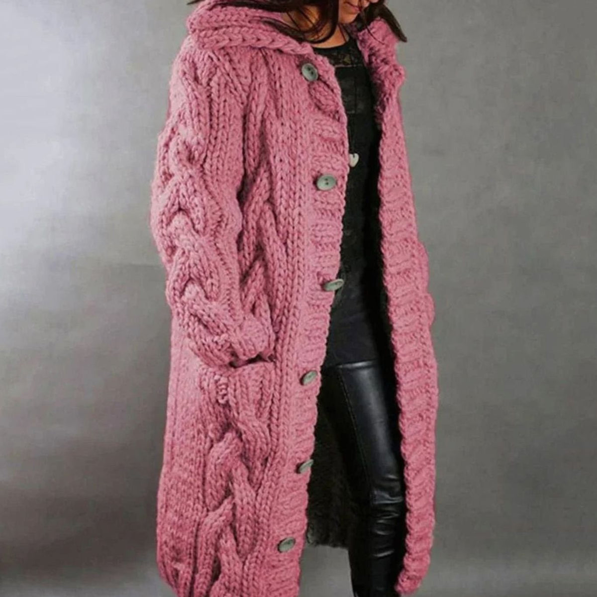 Women's Oversized Cable-Knit Hooded Button-Up Long Cardigan Coat