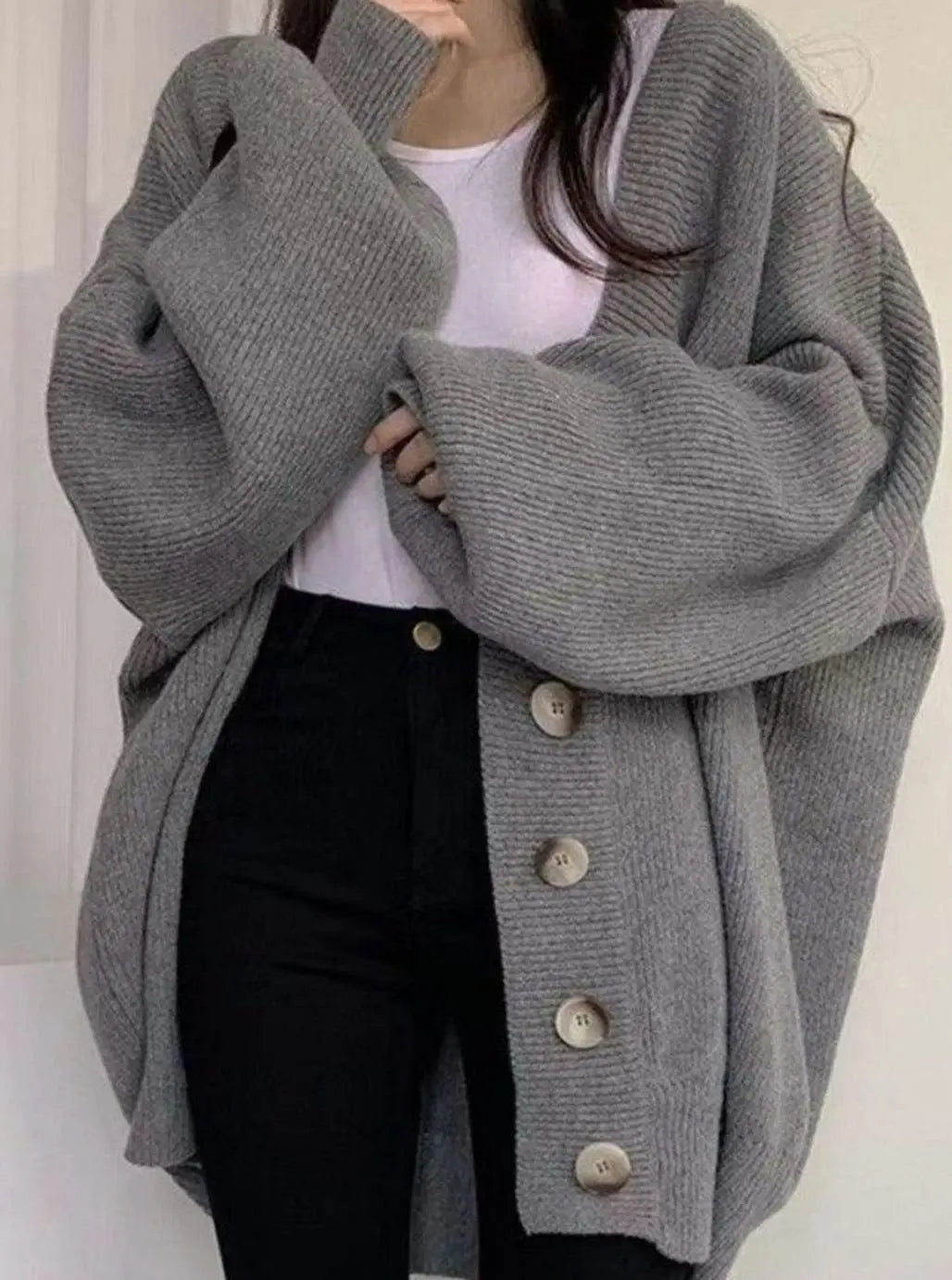Women's Oversized Ribbed Knit Cardigan with Balloon Sleeves