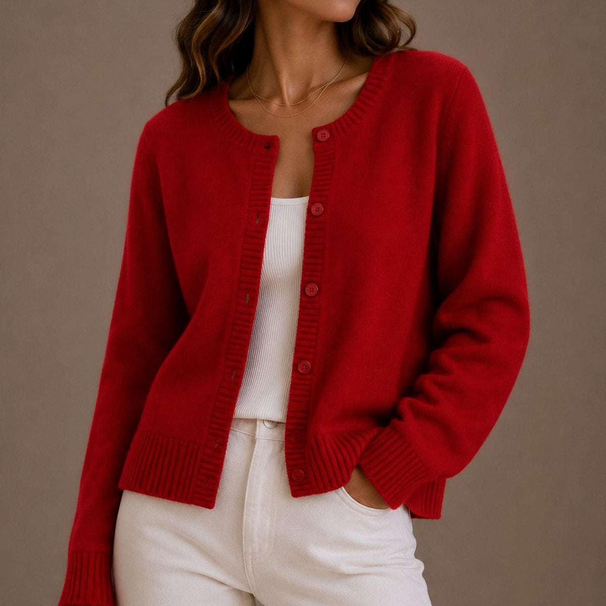 Women's Soft Knit Button-Up Round Neck Cardigan Sweater