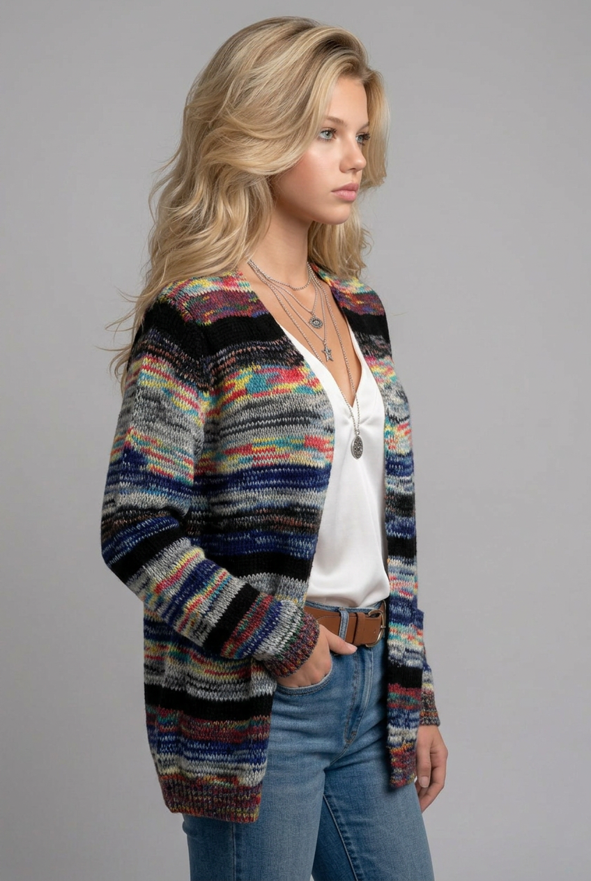 Women's Striped Open-Front Long-Sleeve Cardigan
