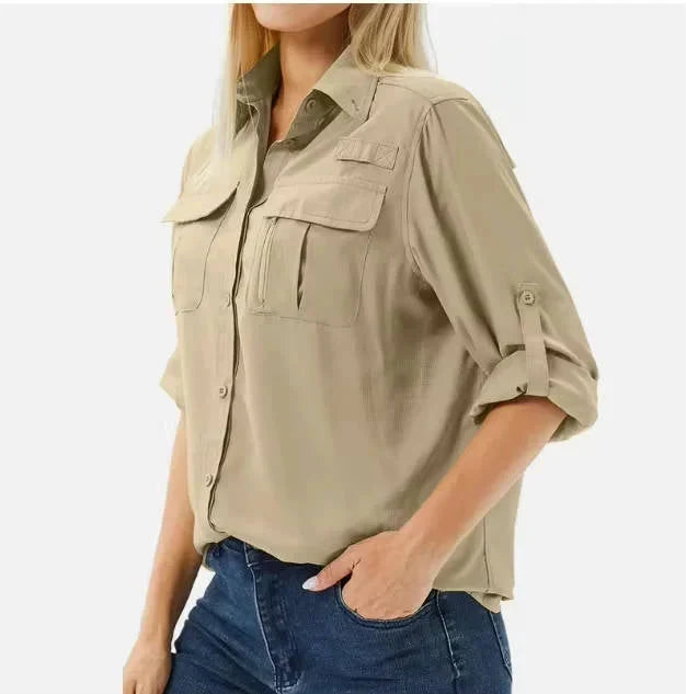 Women's UPF 50 Hiking and Safari Shirt with Roll-Up Sleeves and Zipper Pockets