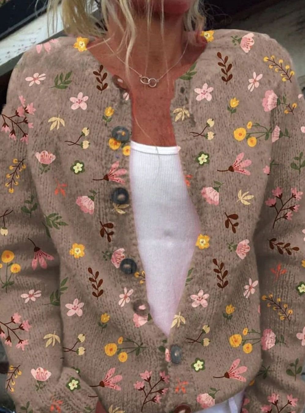 Women's Vintage Floral Knit Button-Front Relaxed Cardigan Sweater