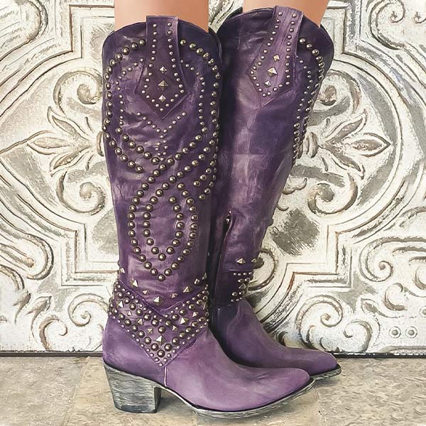Cheri | Edgy High Boots – Distressed Leather – Rivet Detail – Thick Heel – Side Zipper - Image 4