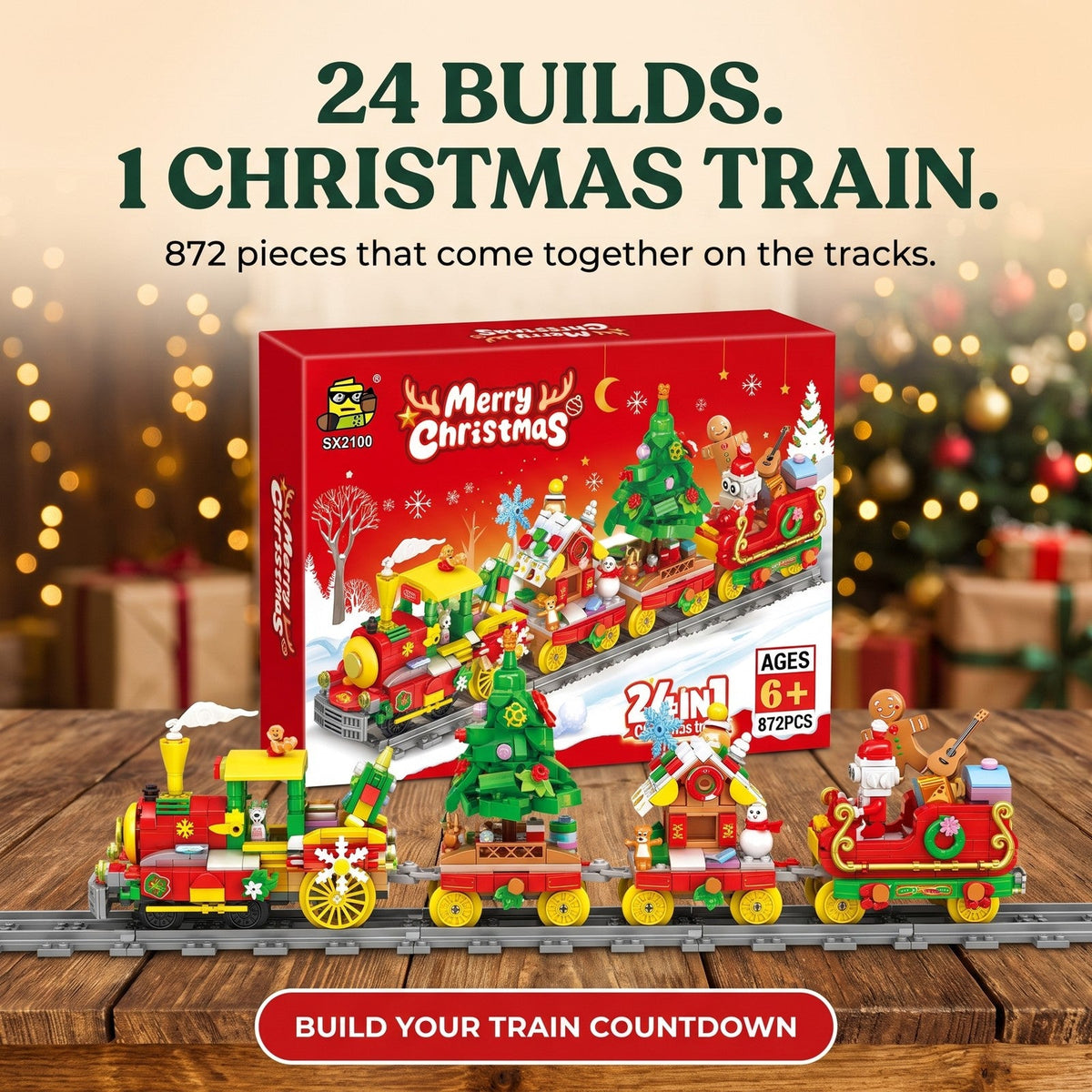 24-in-1 Christmas Train Advent Calendar, 872-Piece Brick Set