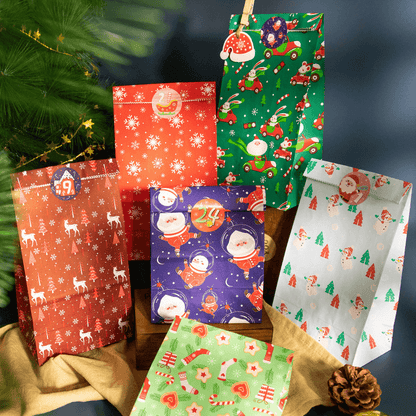 24-Pack Multicolour Christmas Gift Bags with Festive Designs