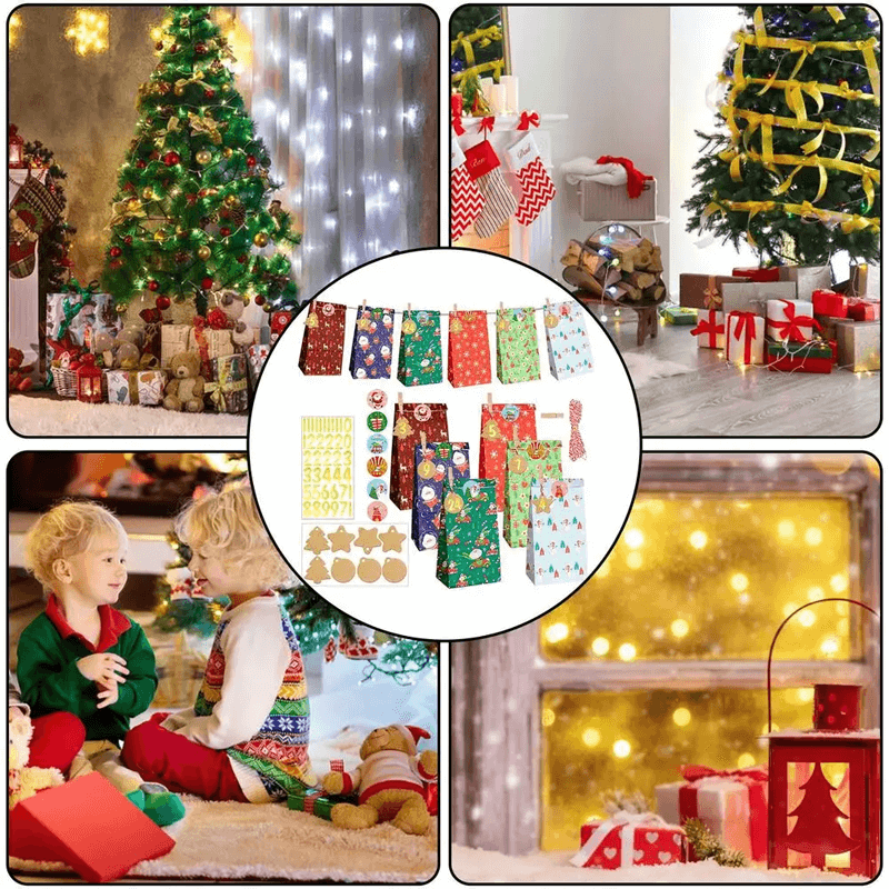 24-Pack Multicolour Christmas Gift Bags with Festive Designs