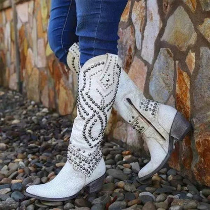 Cheri | Edgy High Boots – Distressed Leather – Rivet Detail – Thick Heel – Side Zipper - Image 3