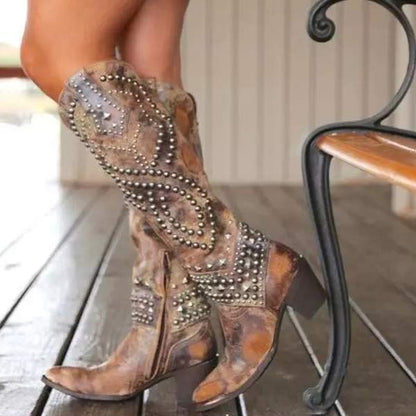 Cheri | Edgy High Boots – Distressed Leather – Rivet Detail – Thick Heel – Side Zipper - Image 2