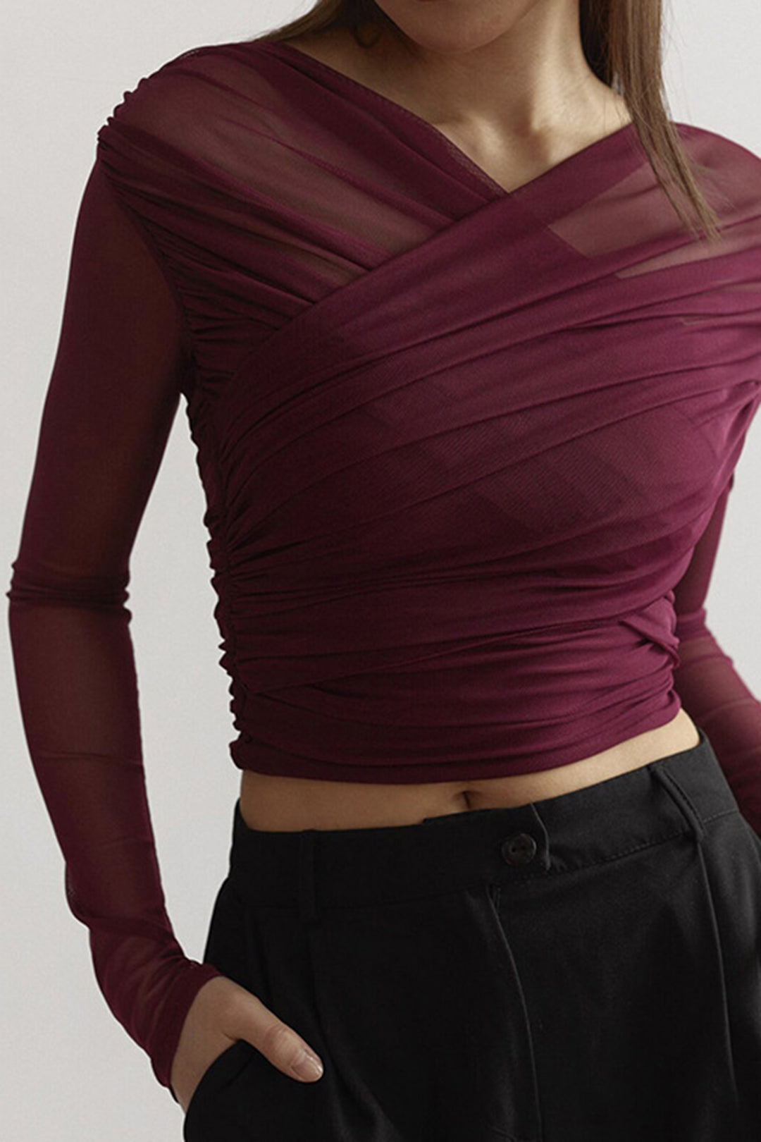 Fern | Women's Ruched Mesh Long Sleeve Top - Image 1