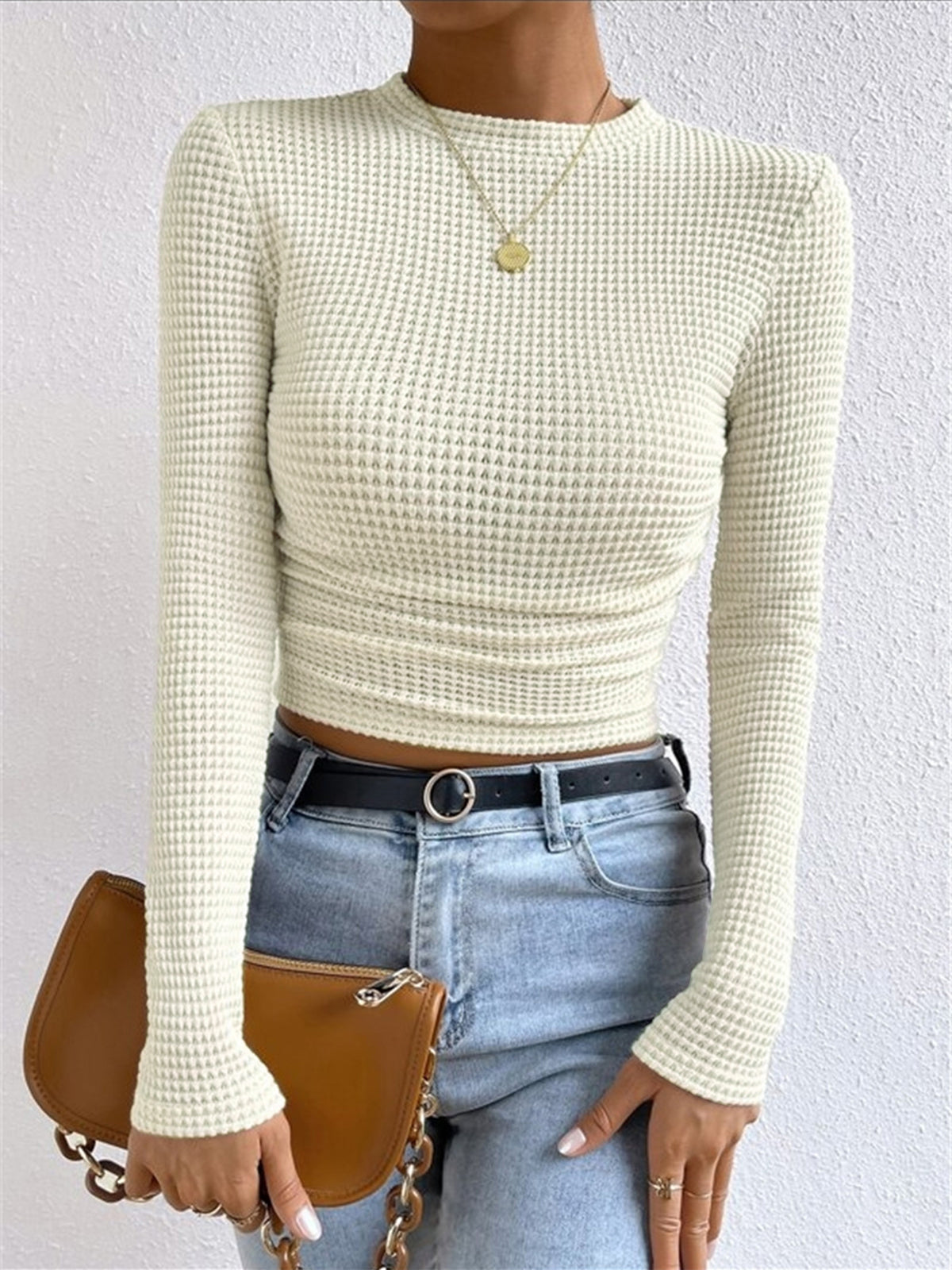 Sage | Women's Fitted Waffle Knit Long Sleeve Top - Image 1
