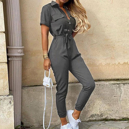 Reese | Lightweight Structured Fit Short Sleeve Jumpsuit With Button Closure - Image 10
