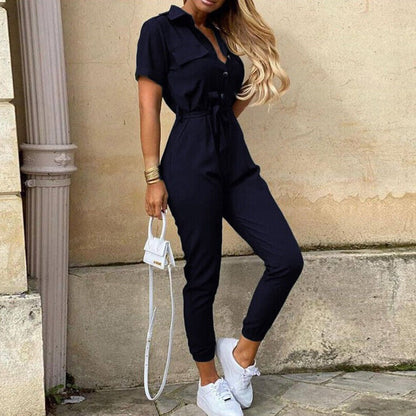 Reese | Lightweight Structured Fit Short Sleeve Jumpsuit With Button Closure - Image 9