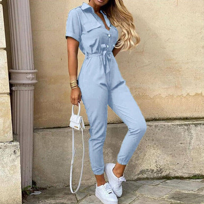 Reese | Lightweight Structured Fit Short Sleeve Jumpsuit With Button Closure - Image 4