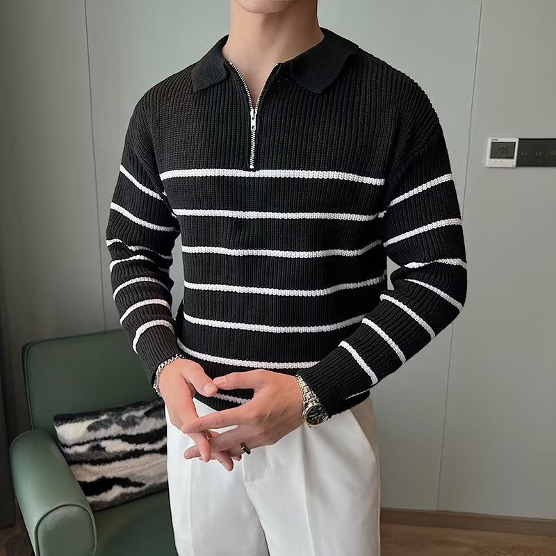 Liam | Men's Striped Zipper Front Sweater - Image 1