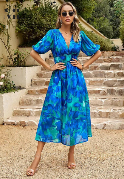 Roxanne | Elegant Floral Midi Dress with Puff Sleeves - Image 15