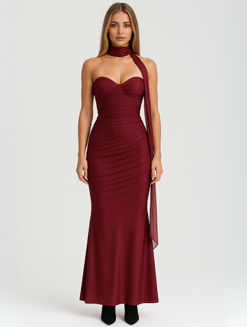 burgundy choker dress Long gathered dress with burgundy choker neckline main image 1