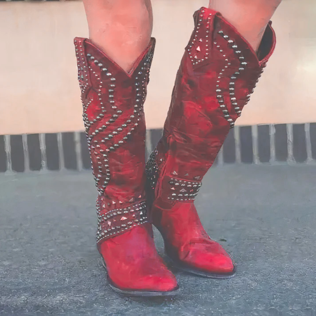 Cheri | Edgy High Boots – Distressed Leather – Rivet Detail – Thick Heel – Side Zipper - Image 5