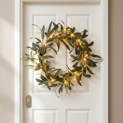 Artificial Olive Leaf Door Wreath with Warm Fairy Lights