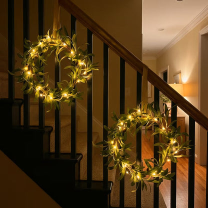 Artificial Olive Leaf Door Wreath with Warm Fairy Lights