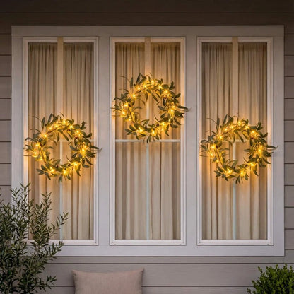 Artificial Olive Leaf Door Wreath with Warm Fairy Lights