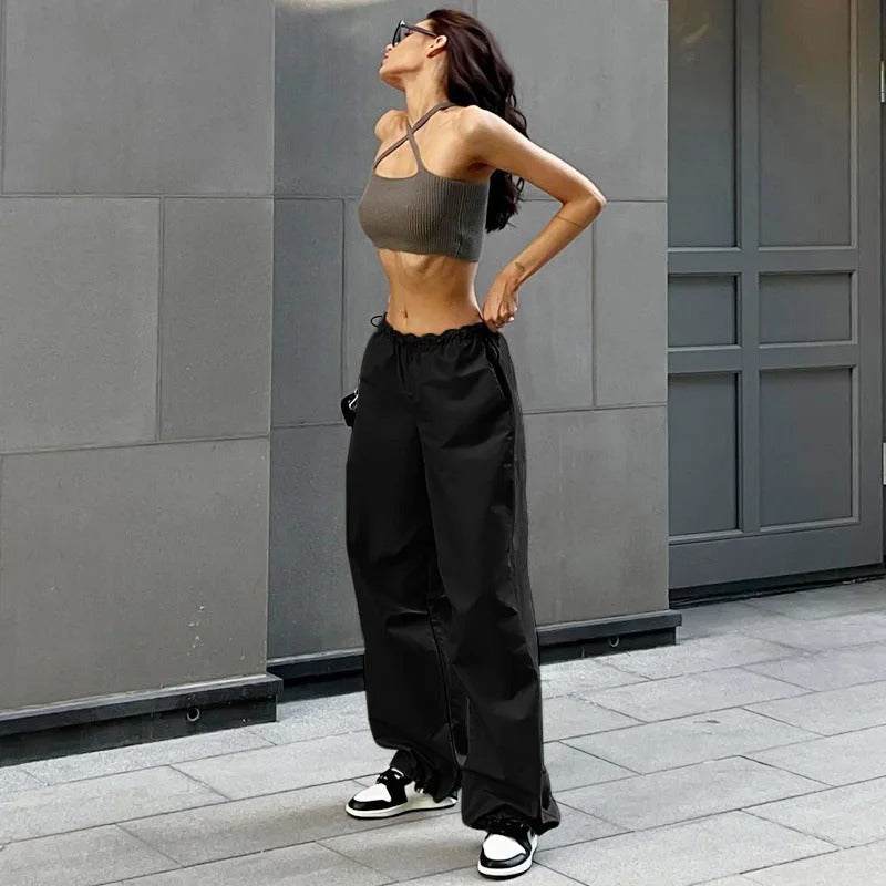 Black Lightweight Parachute Pants with Adjustable Waist and Multiple Pockets