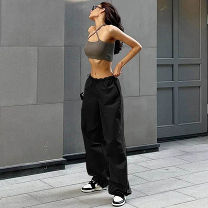 Black Lightweight Parachute Pants with Adjustable Waist and Multiple Pockets