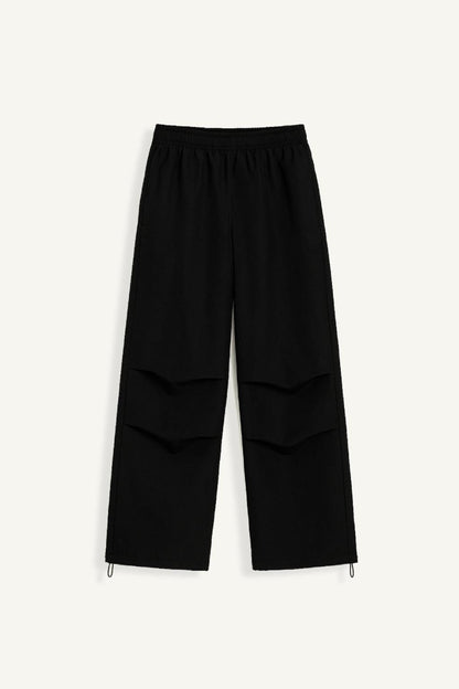 Black Lightweight Parachute Pants with Adjustable Waist and Multiple Pockets