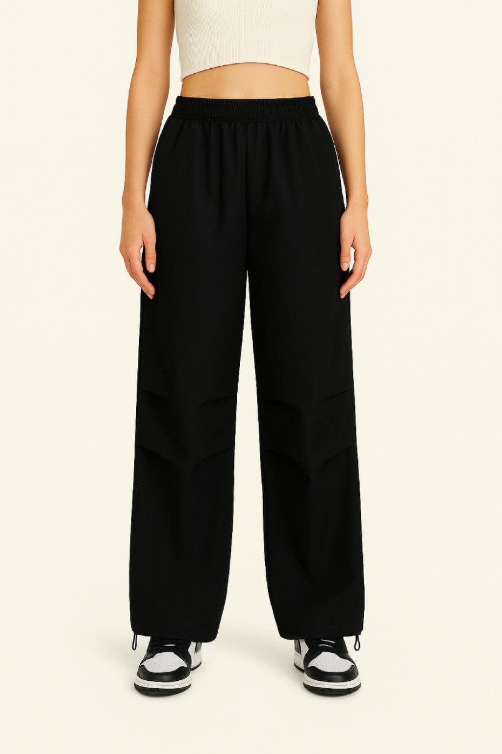 Black Lightweight Parachute Pants with Adjustable Waist and Multiple Pockets