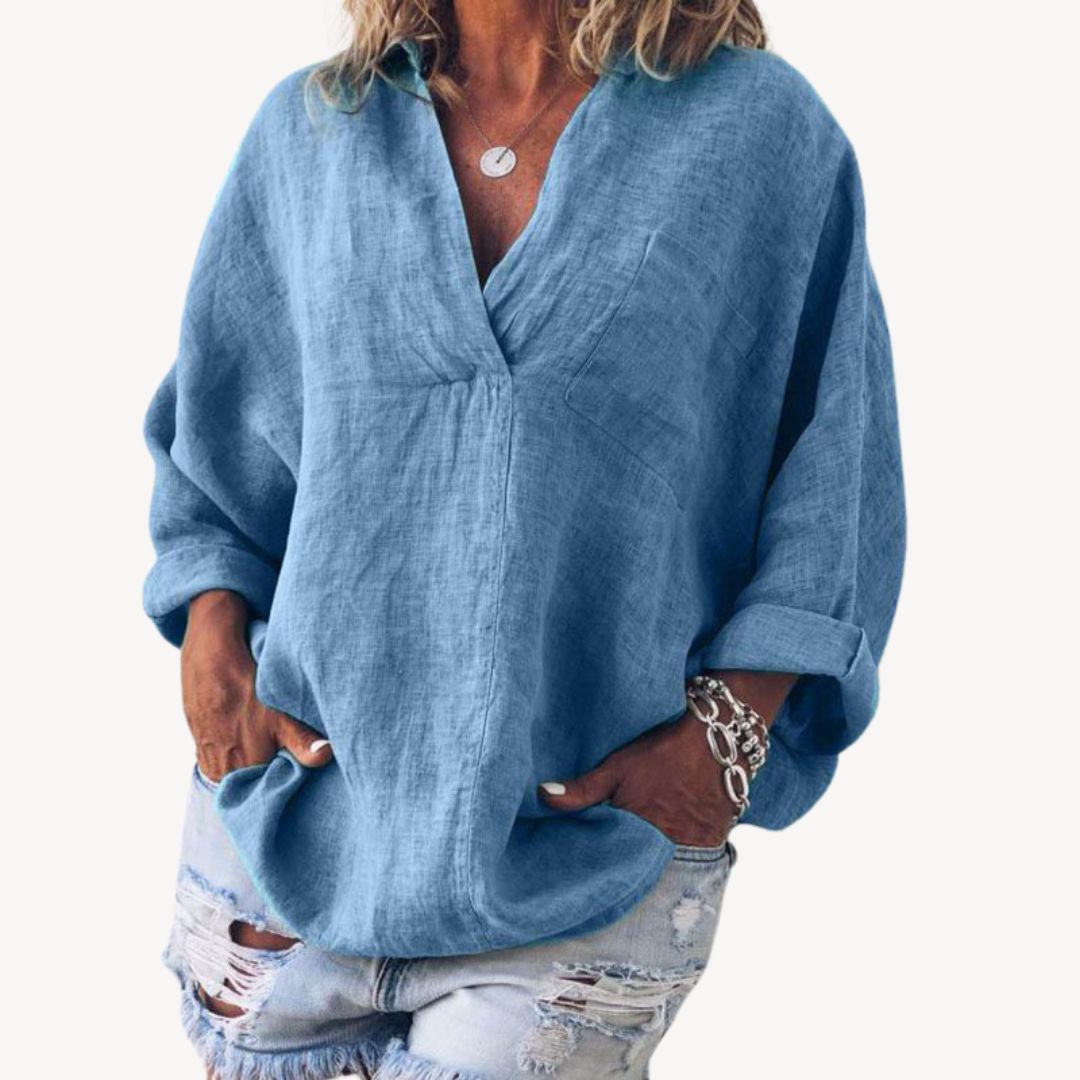 Doris - v-ausschnitt damenbluse | Casual linen blend - Image 2