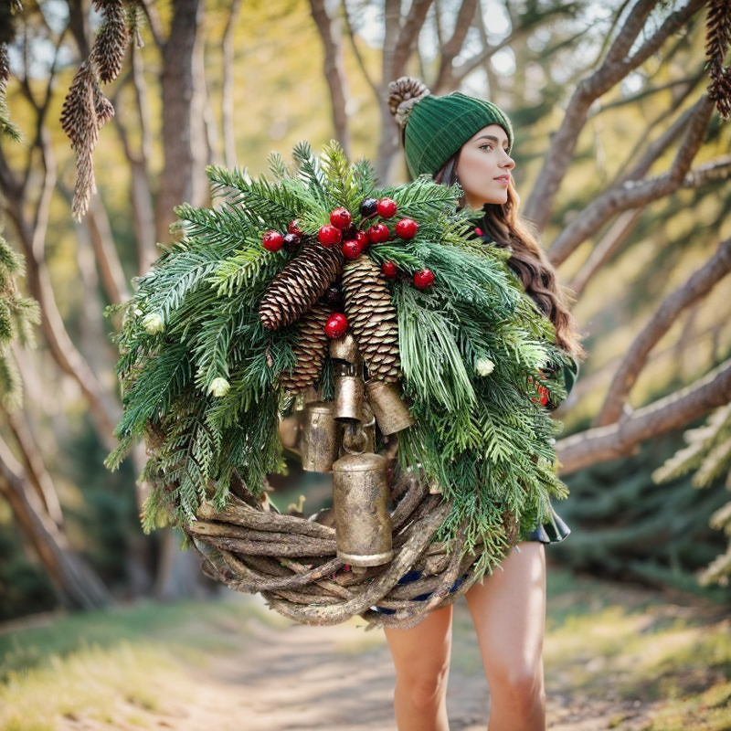 Boho Christmas Wreath on Rustic Vine Base with Pinecones and Golden Bells