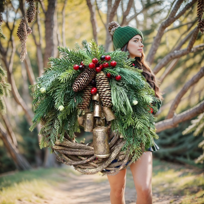 Boho Christmas Wreath on Rustic Vine Base with Pinecones and Golden Bells