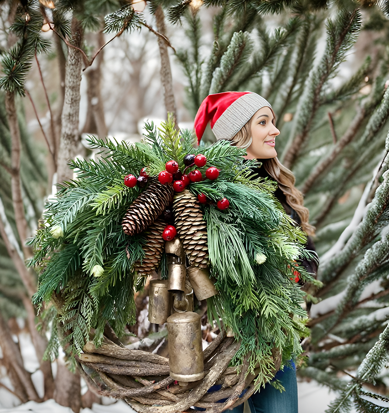 Boho Christmas Wreath on Rustic Vine Base with Pinecones and Golden Bells